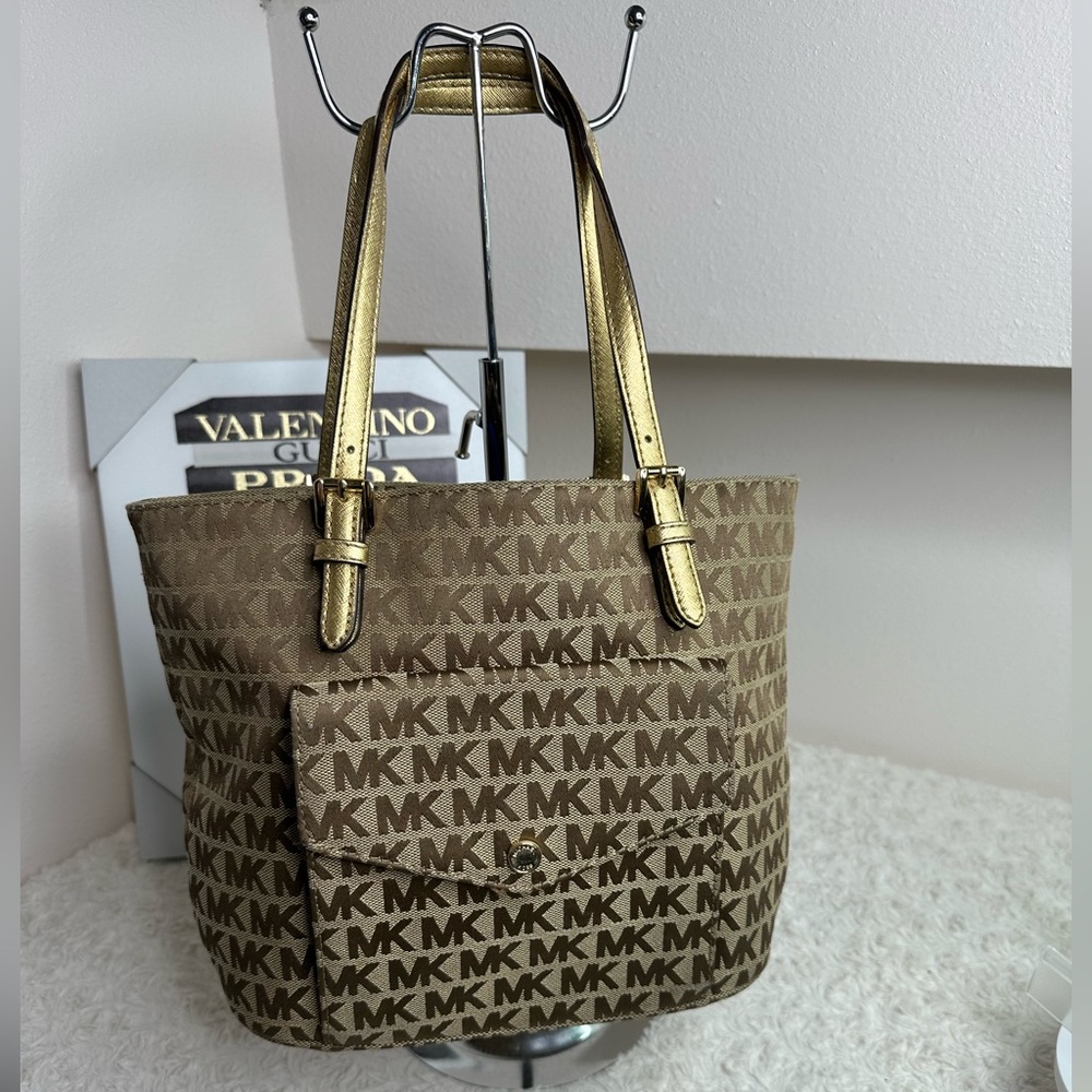 Michael Kors Jet set Signature Pocket MF Tote Brown Khaki Jacquard Leather - Picture 4 of 11